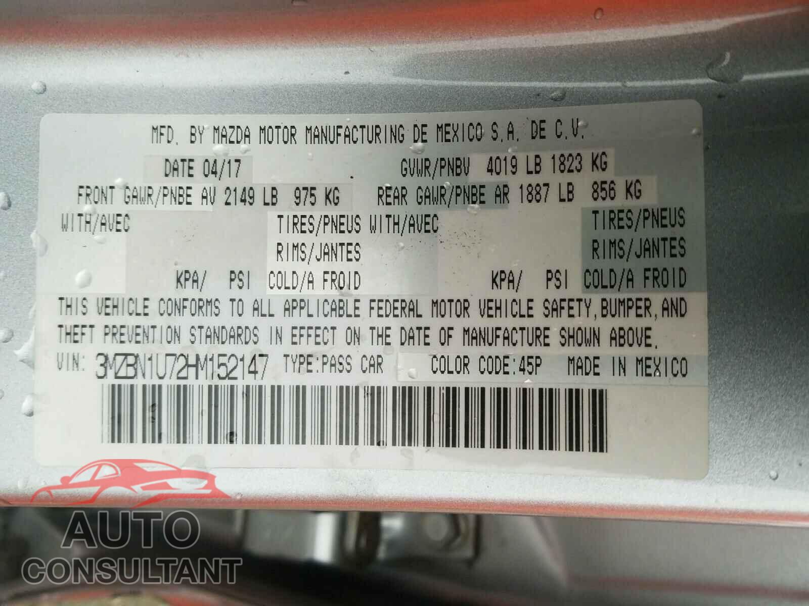 MAZDA 3 2017 - 3MZBN1U72HM152147