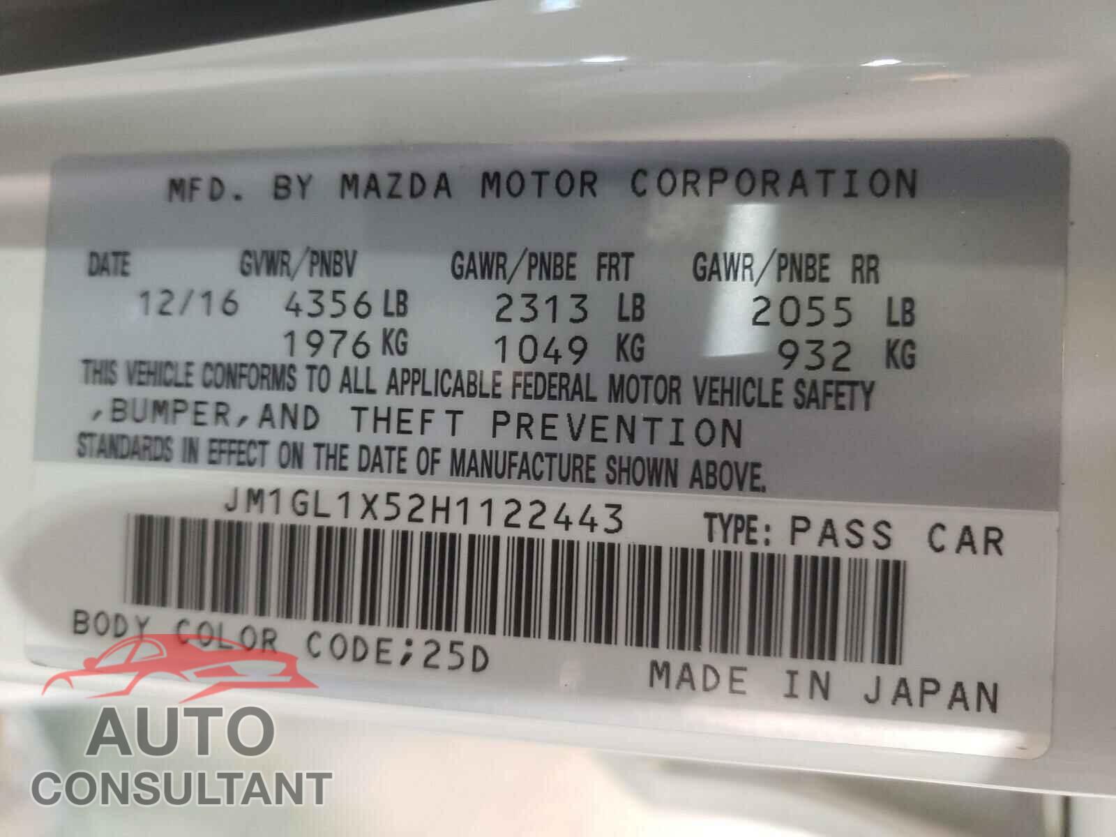 MAZDA 6 2017 - JM1GL1X52H1122443