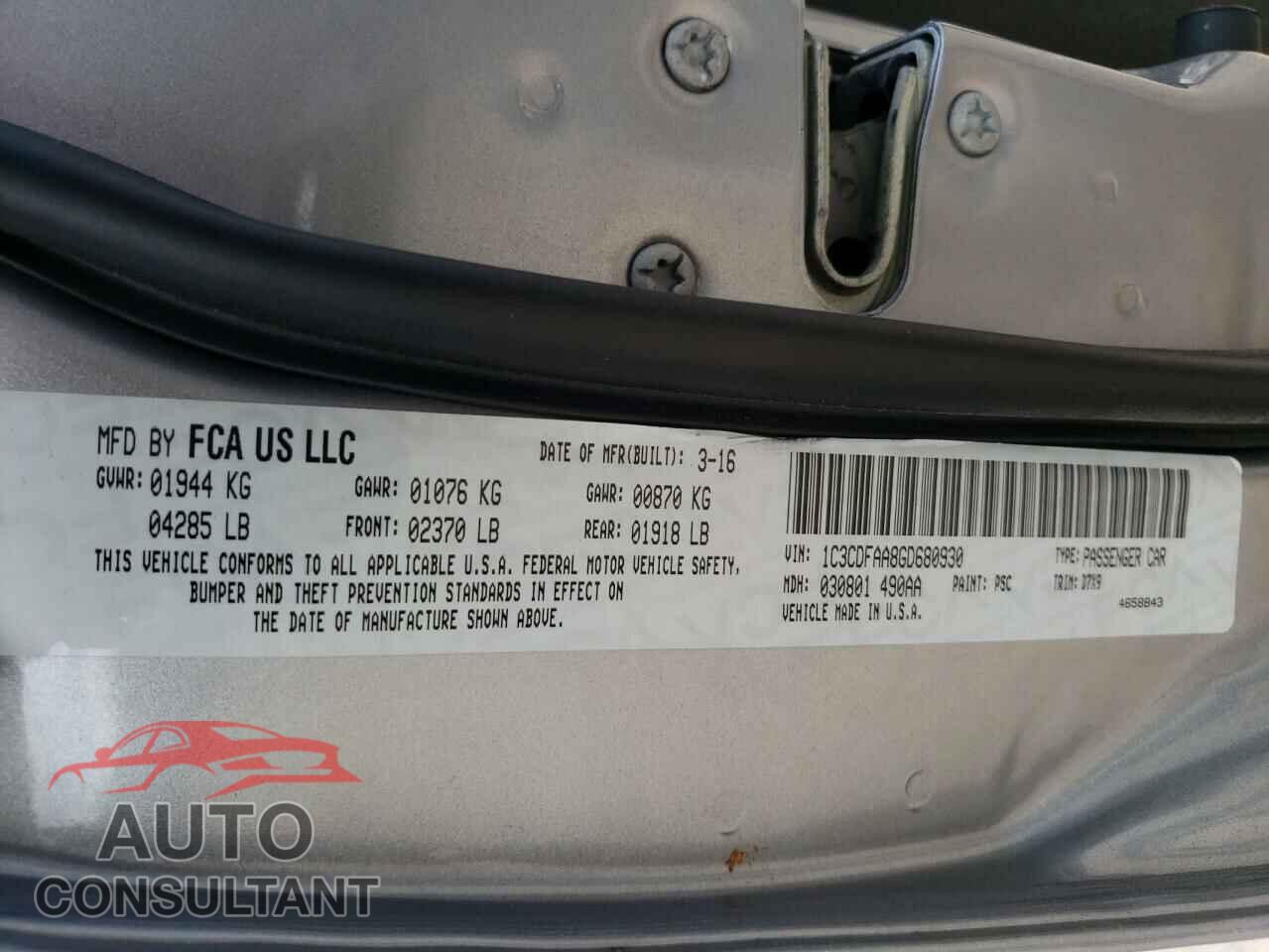 DODGE DART 2016 - 1C3CDFAA8GD680930