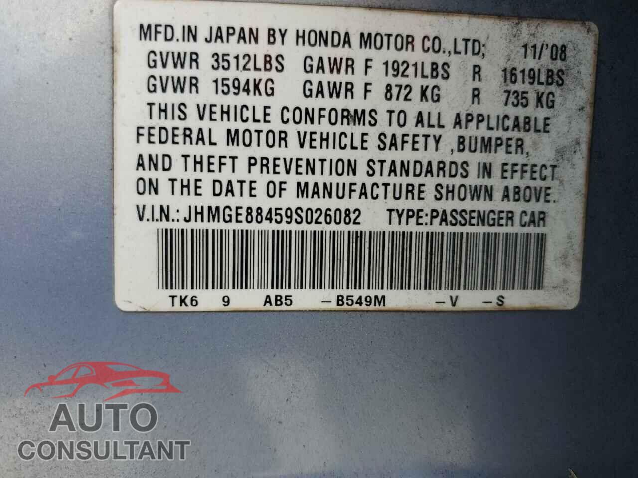 HONDA FIT 2009 - JHMGE88459S026082