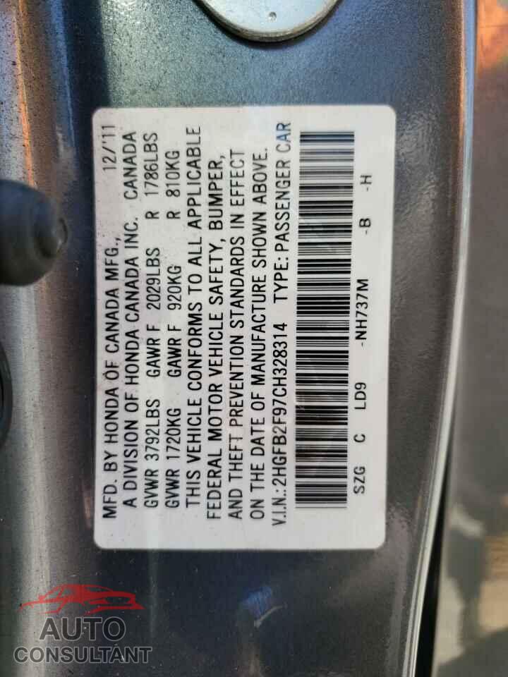 HONDA CIVIC 2012 - 2HGFB2F97CH328314