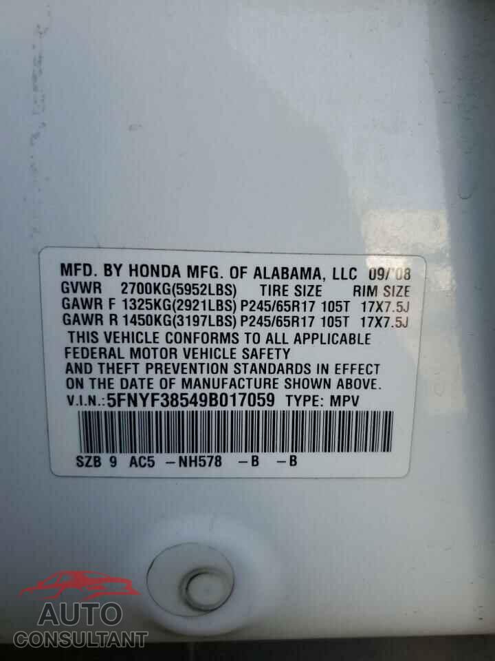 HONDA PILOT 2009 - 5FNYF38549B017059