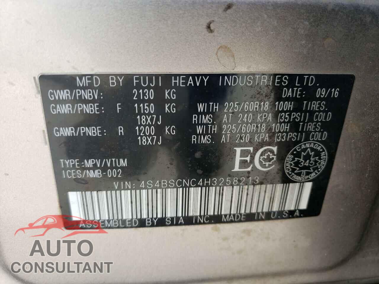 SUBARU OUTBACK 2017 - 4S4BSCNC4H3258213