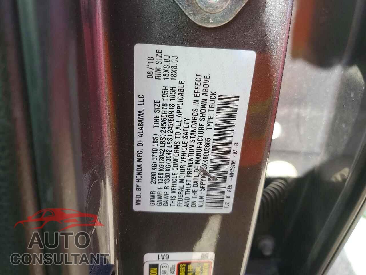 HONDA RIDGELINE 2019 - 5FPYK2F6XKB003665