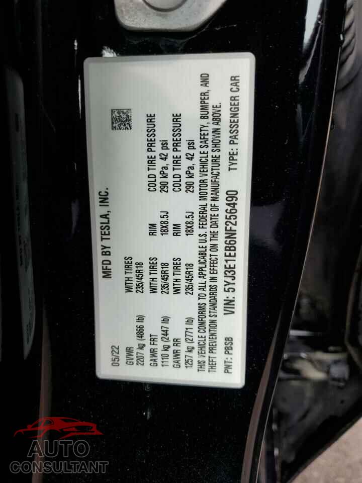 TESLA MODEL 3 2022 - 5YJ3E1EB6NF256490