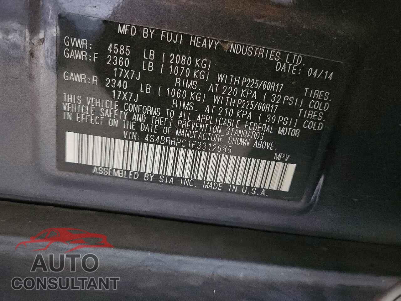 SUBARU OUTBACK 2014 - 4S4BRBPC1E3312985