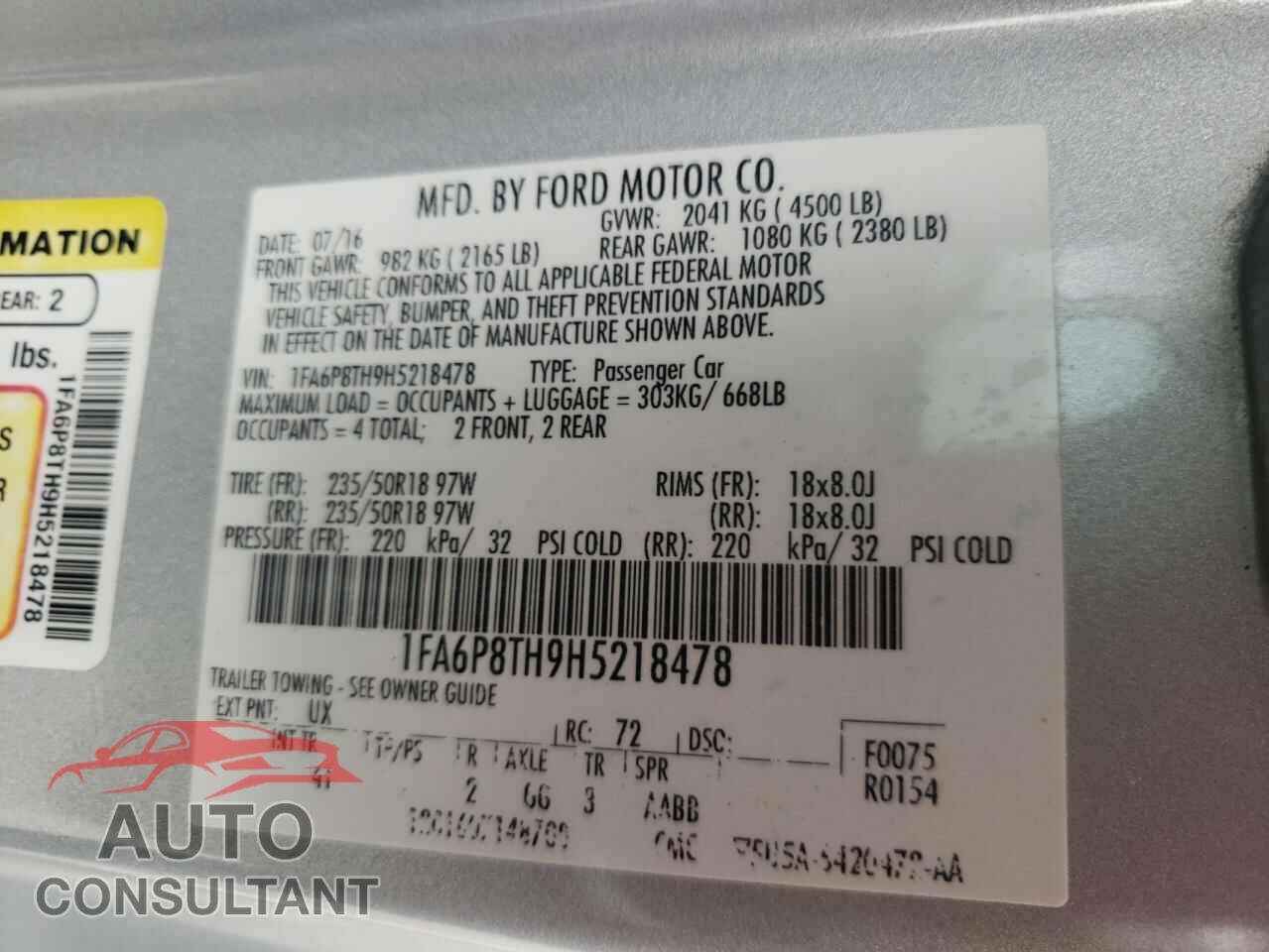 FORD MUSTANG 2017 - 1FA6P8TH9H5218478