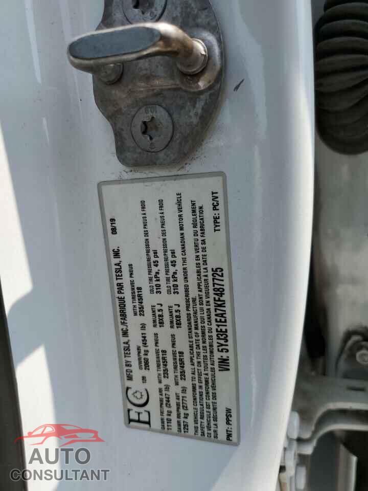 TESLA MODEL 3 2019 - 5YJ3E1EA7KF487725