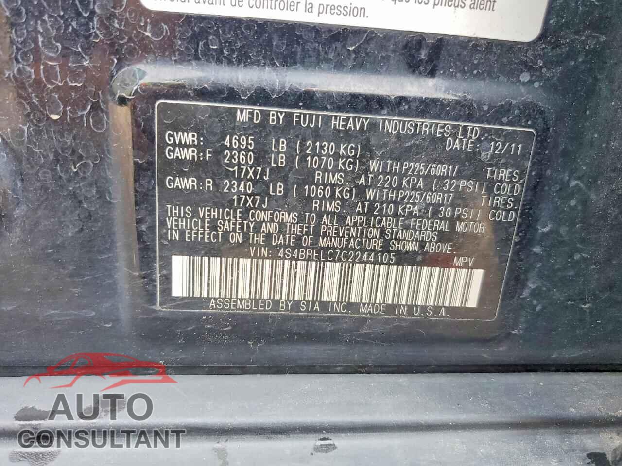 SUBARU OUTBACK 2012 - 4S4BRELC7C2244105