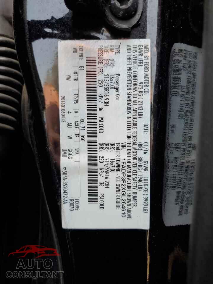 FORD FOCUS 2016 - 1FADP3F2XGL264610