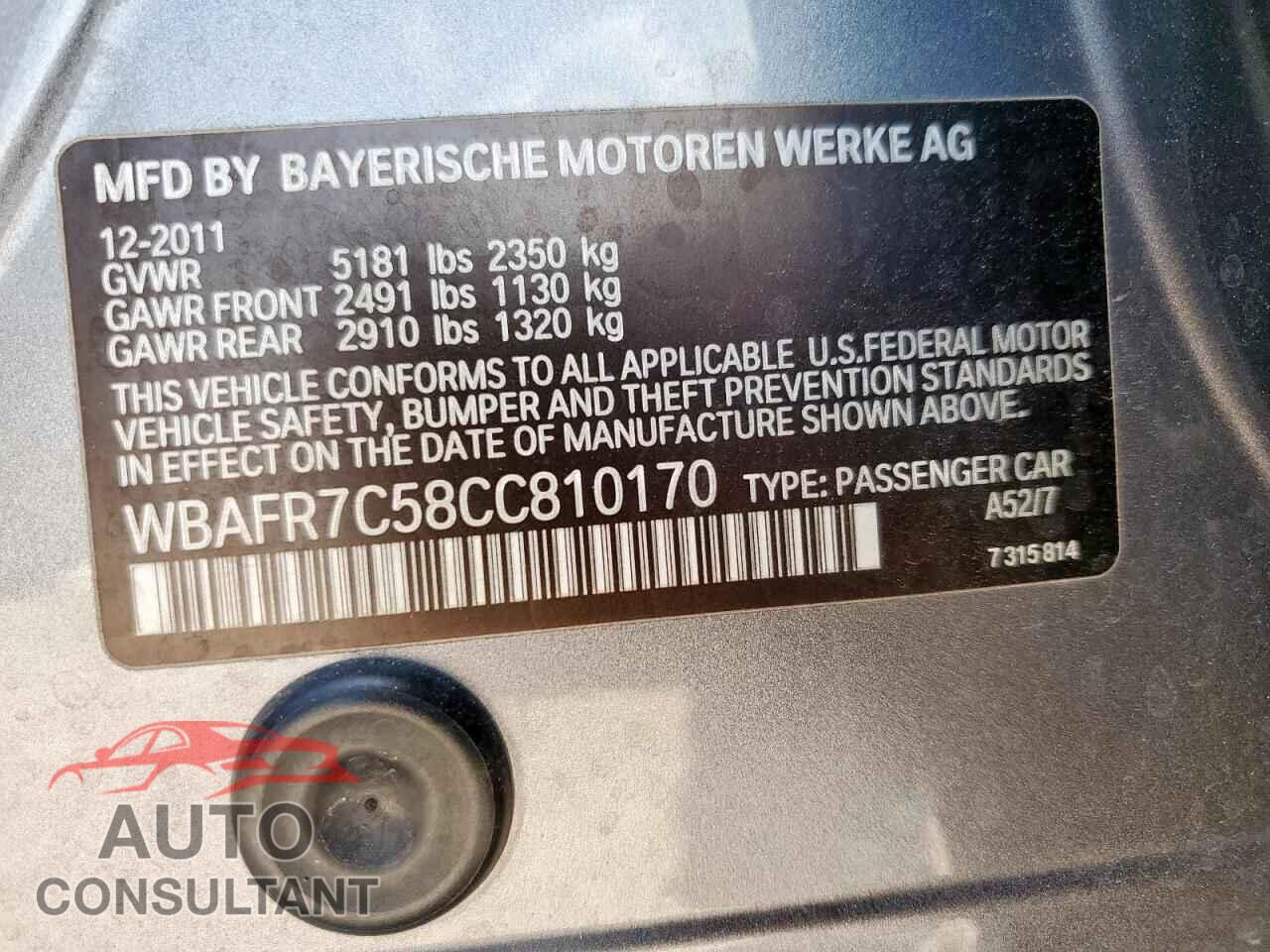BMW 5 SERIES 2012 - WBAFR7C58CC810170
