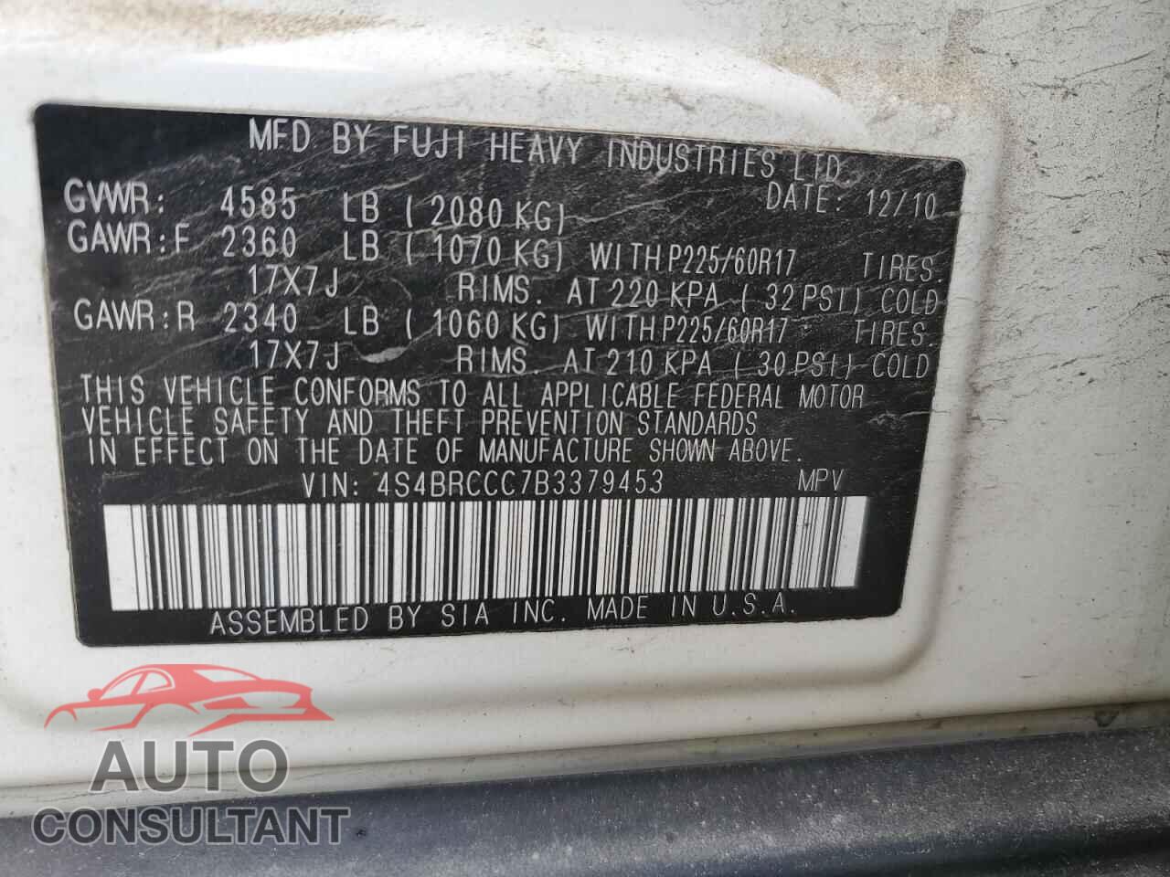 SUBARU OUTBACK 2011 - 4S4BRCCC7B3379453