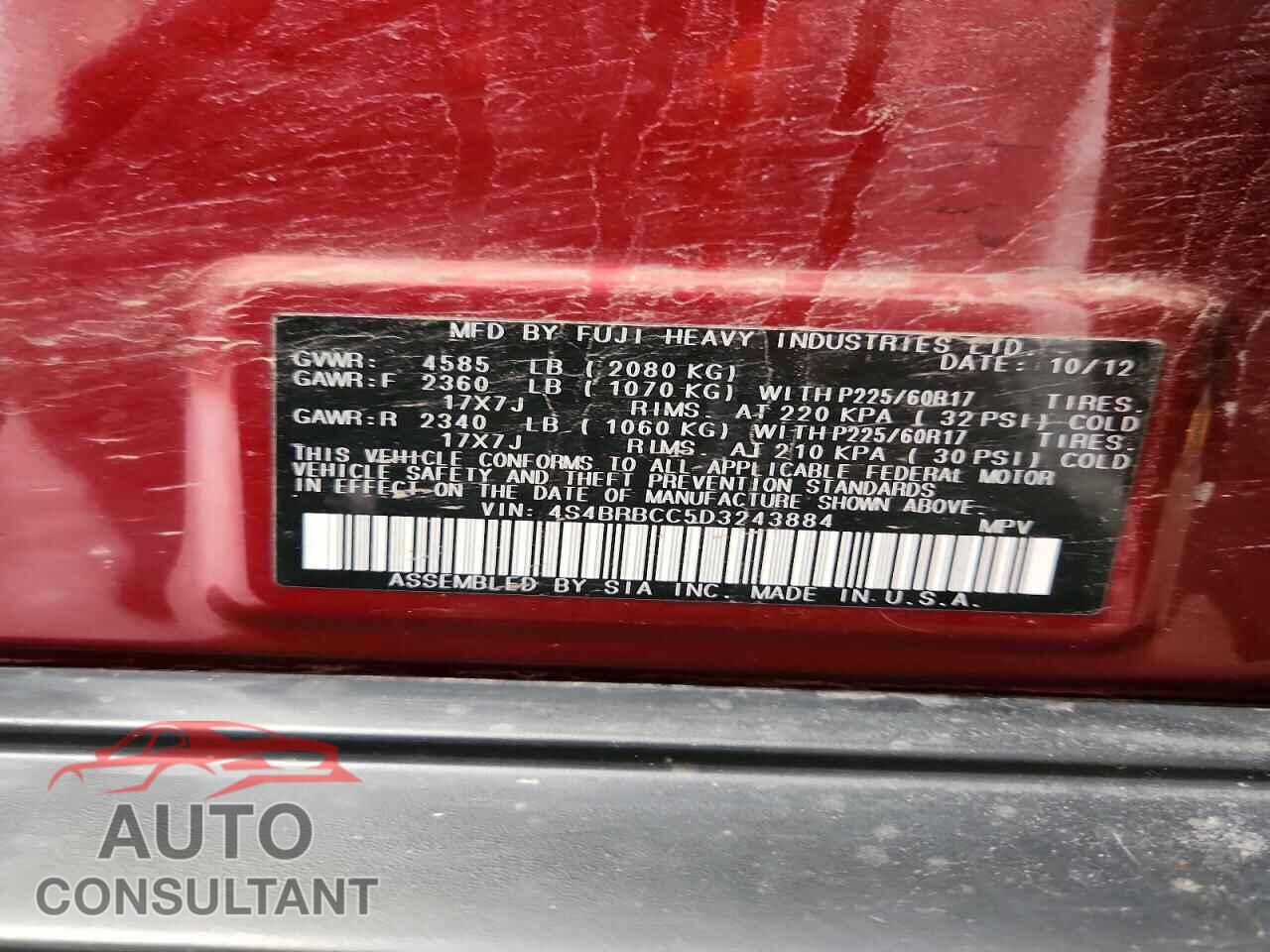 SUBARU OUTBACK 2013 - 4S4BRBCC5D3243884