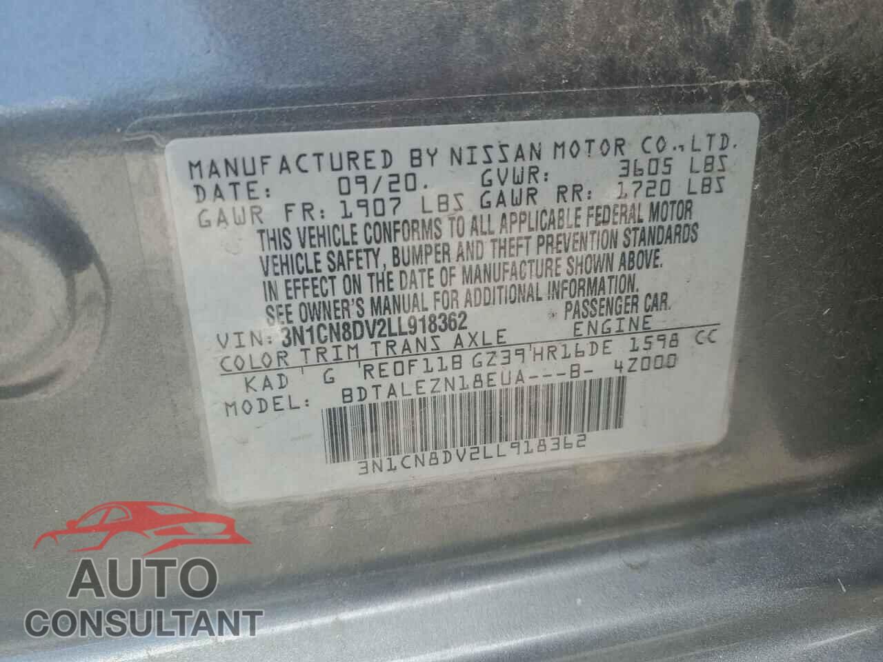 NISSAN VERSA 2020 - 3N1CN8DV2LL918362