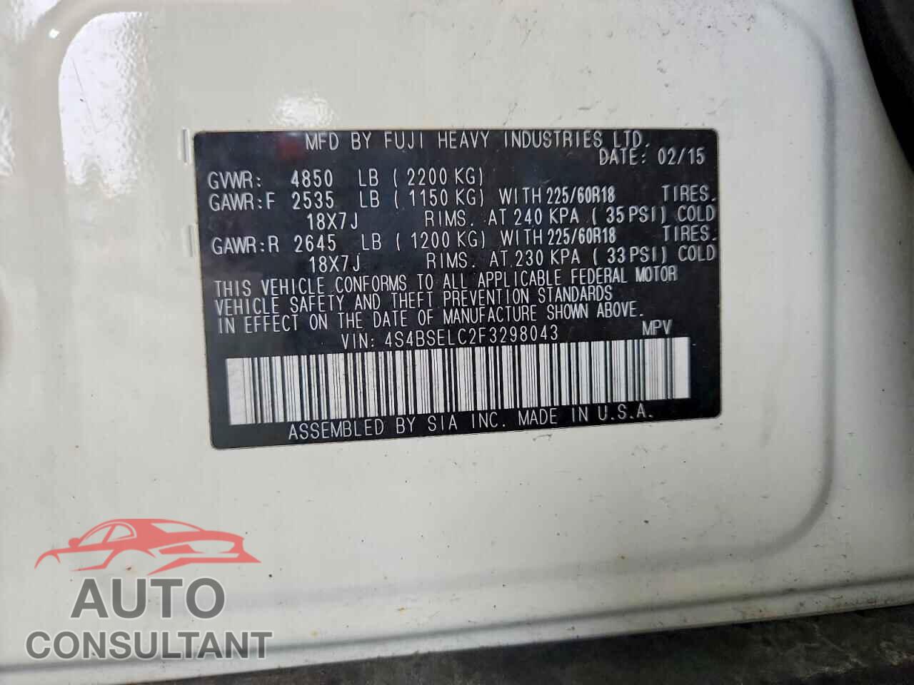 SUBARU OUTBACK 2015 - 4S4BSELC2F3298043