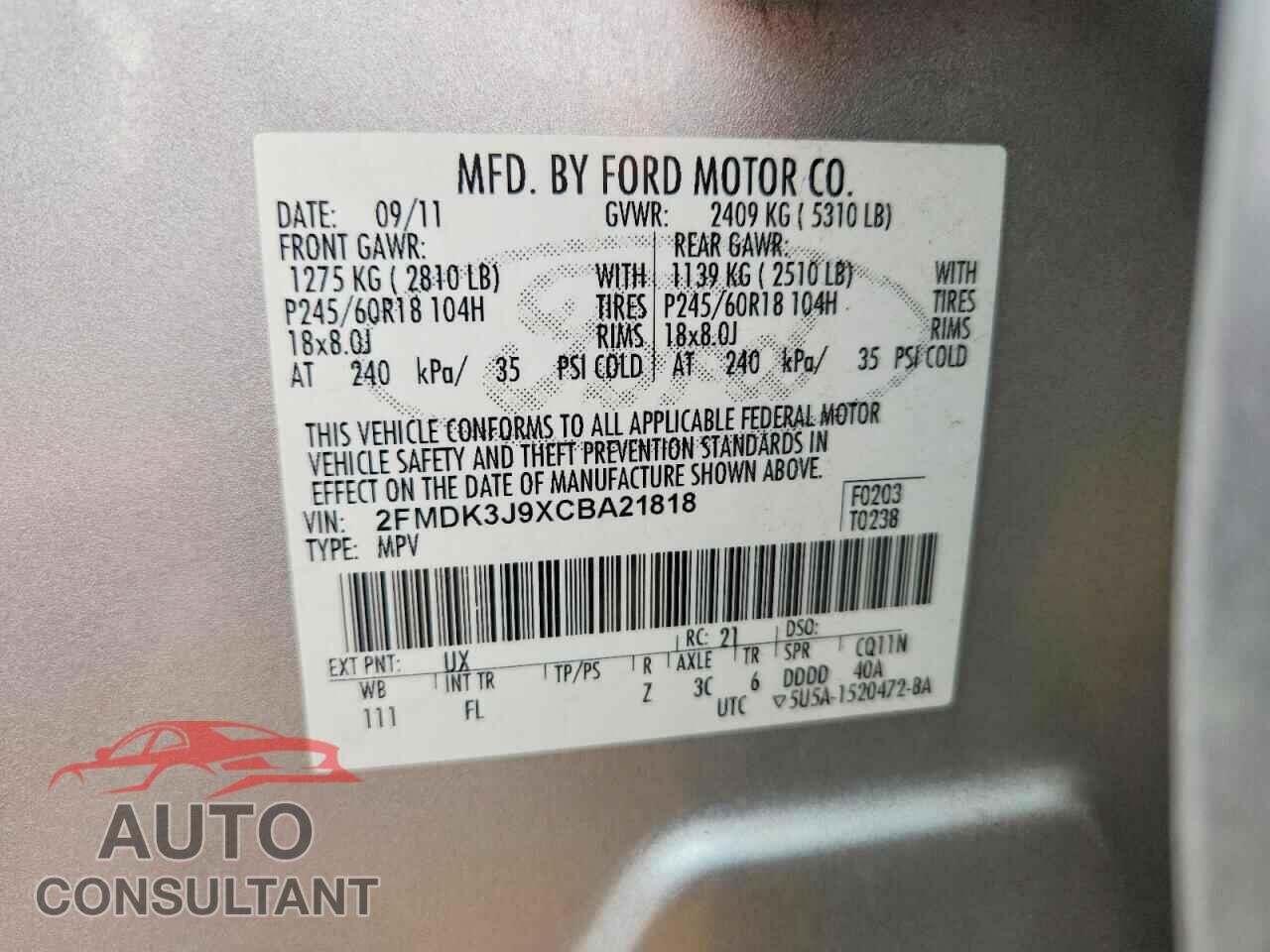 FORD EDGE 2012 - 2FMDK3J9XCBA21818