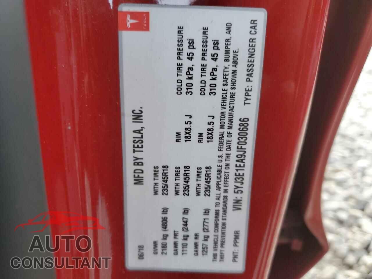 TESLA MODEL 3 2018 - 5YJ3E1EA9JF030686
