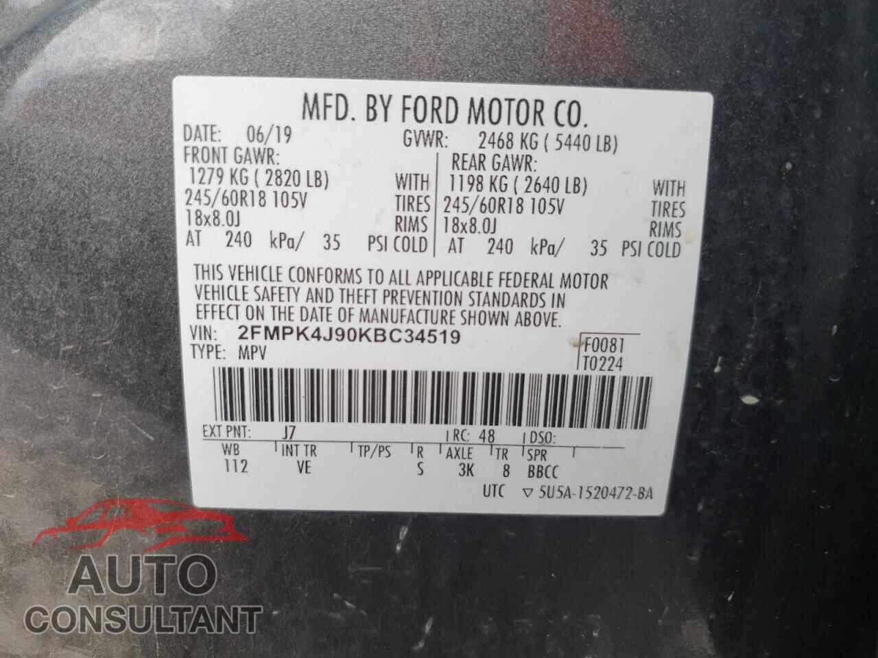 FORD EDGE 2019 - 2FMPK4J90KBC34519