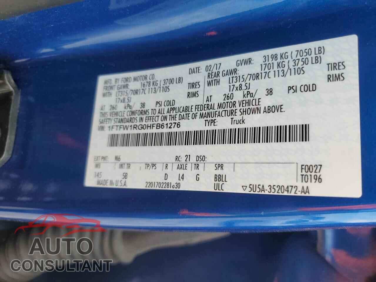 FORD F150 2017 - 1FTFW1RG0HFB61276