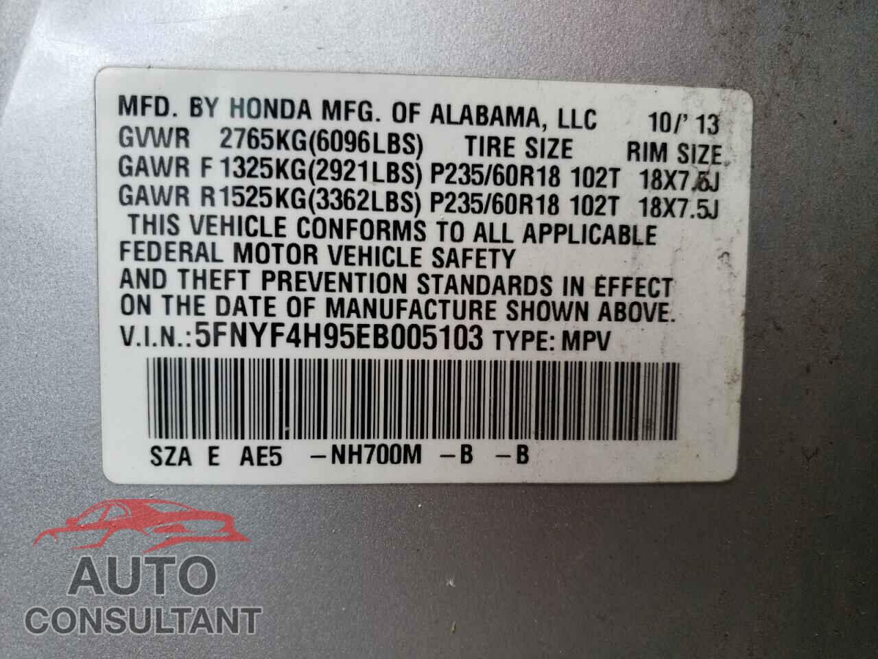 HONDA PILOT 2014 - 5FNYF4H95EB005103