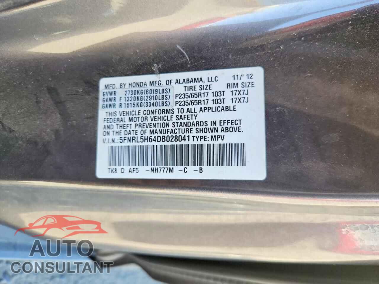 HONDA ODYSSEY 2013 - 5FNRL5H64DB028041