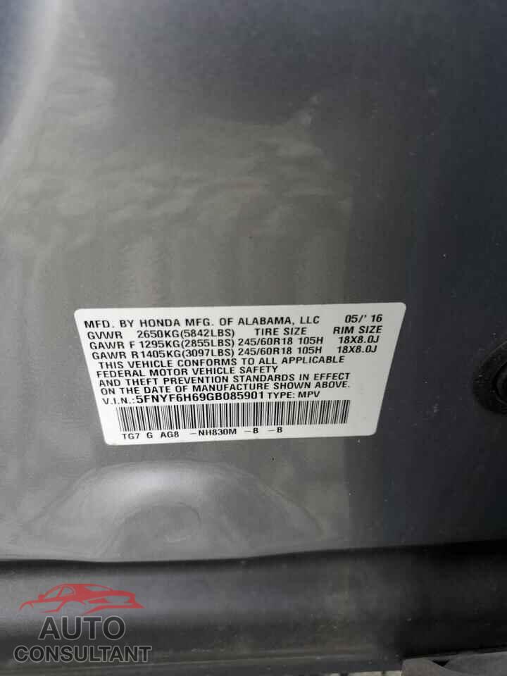 HONDA PILOT 2016 - 5FNYF6H69GB085901
