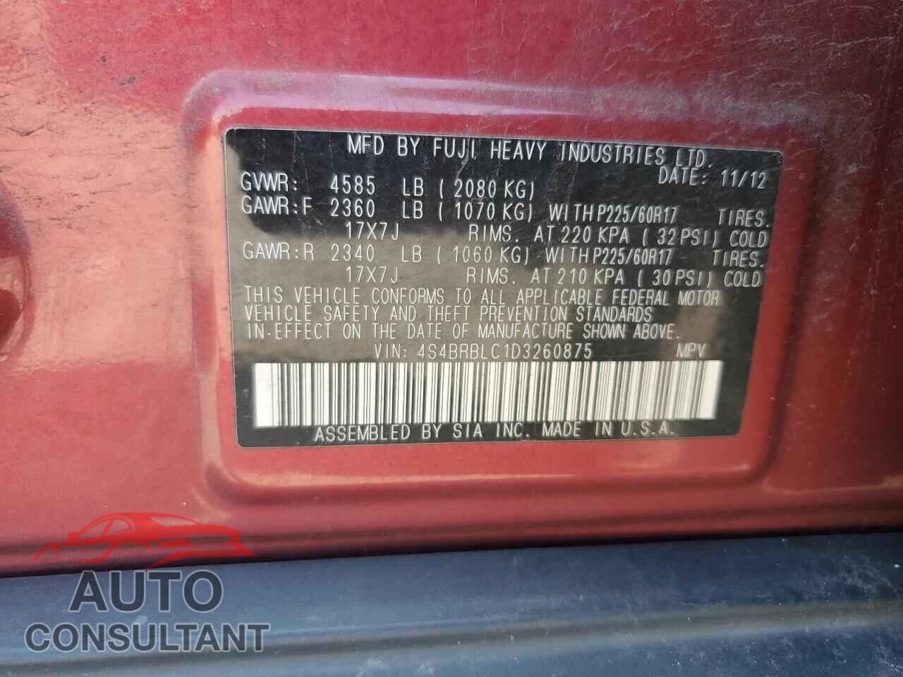 SUBARU OUTBACK 2013 - 4S4BRBLC1D3260875