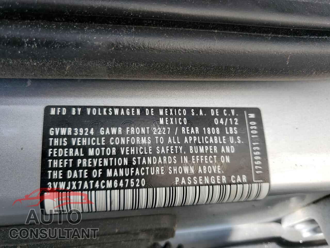 VOLKSWAGEN BEETLE 2012 - 3VWJX7AT4CM647520