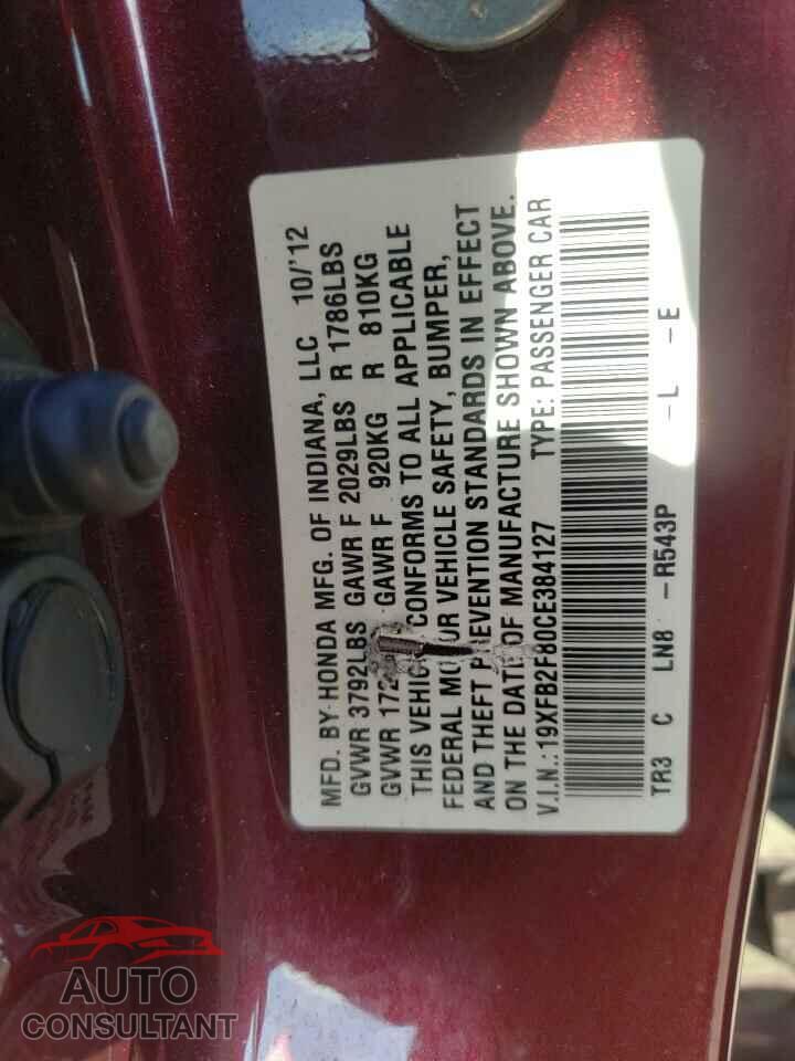 HONDA CIVIC 2012 - 19XFB2F80CE384127