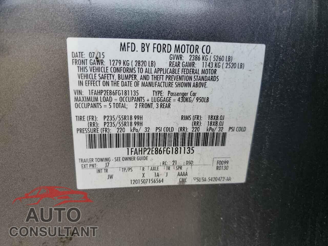 FORD TAURUS 2015 - 1FAHP2E86FG181135