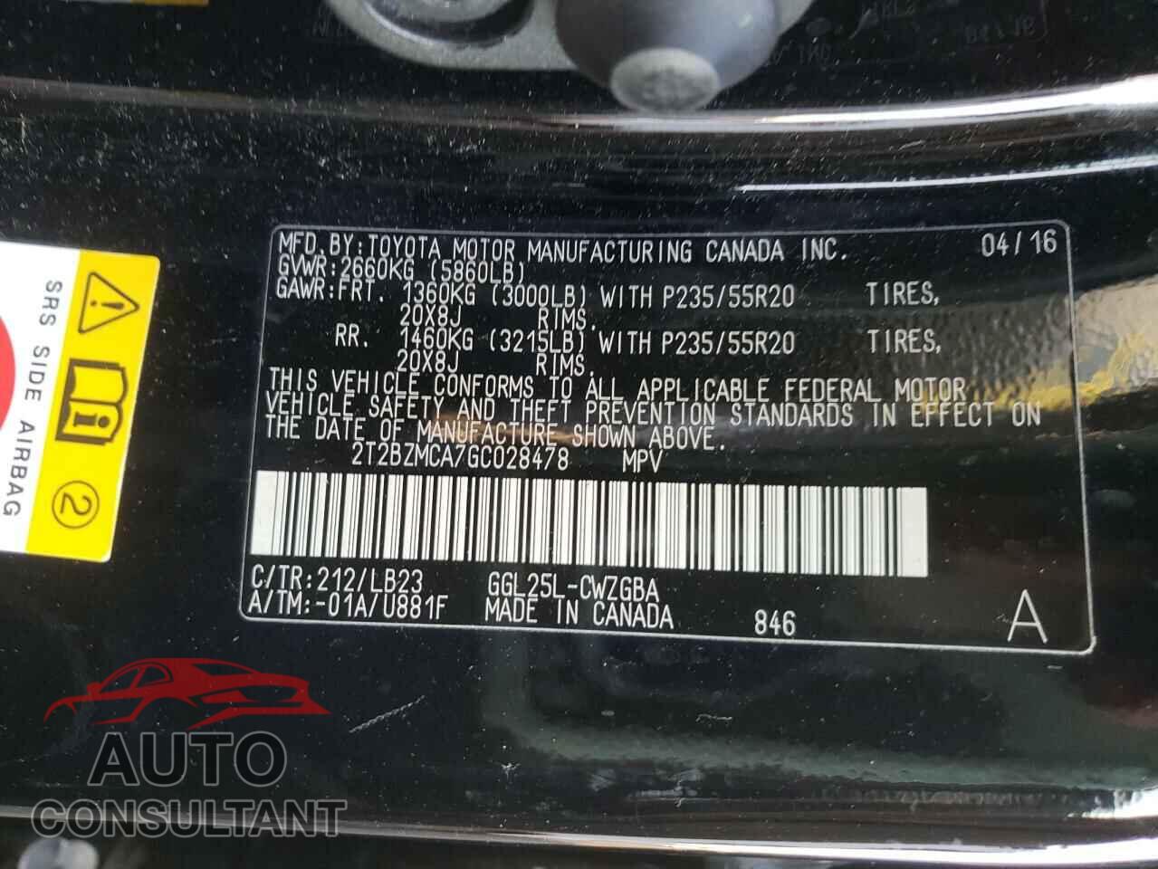 LEXUS RX350 2016 - 2T2BZMCA7GC028478