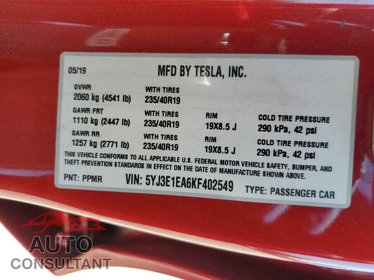 TESLA MODEL 3 2019 - 5YJ3E1EA6KF402549