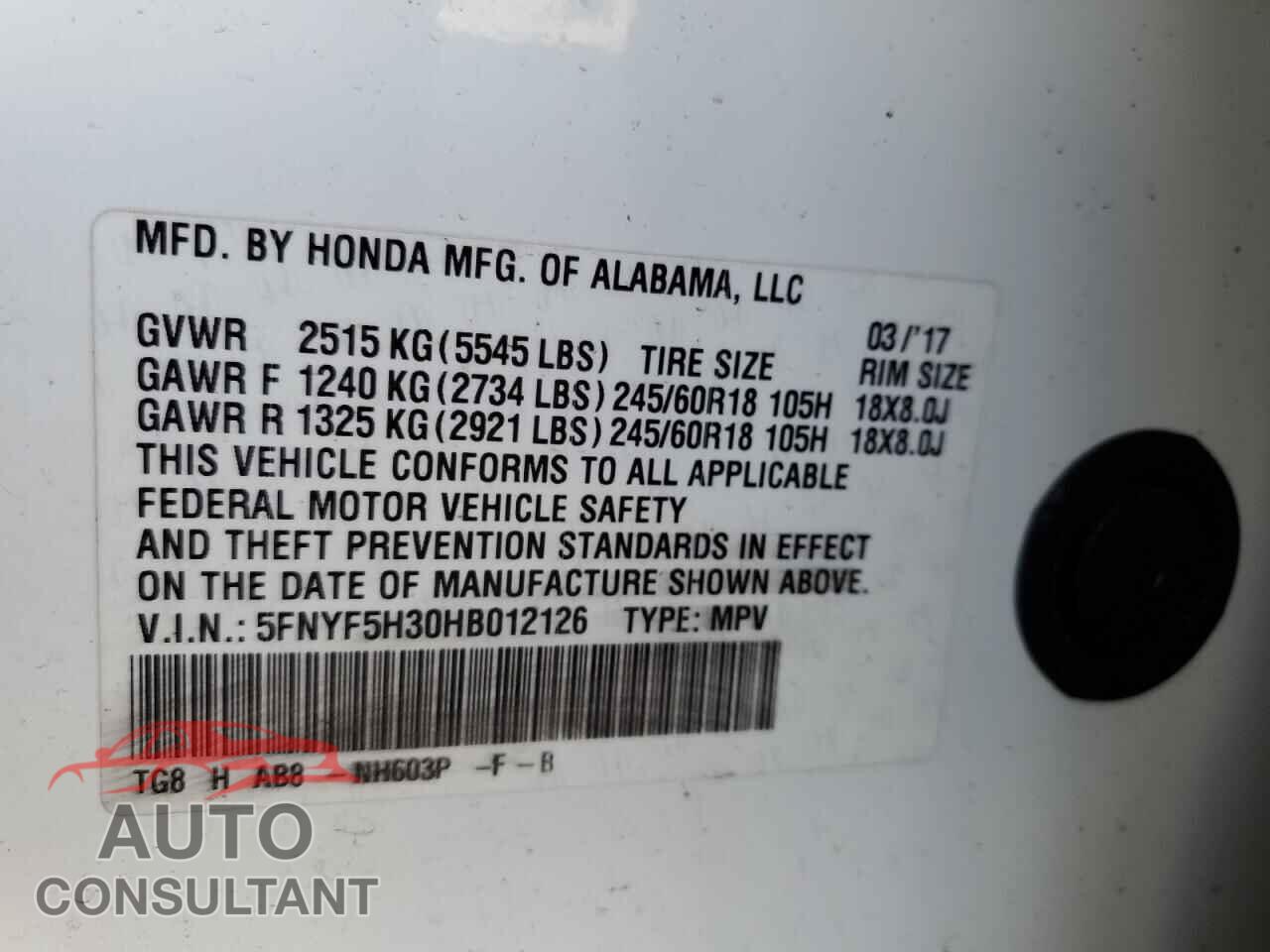 HONDA PILOT 2017 - 5FNYF5H30HB012126