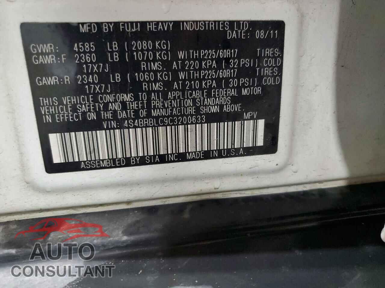 SUBARU OUTBACK 2012 - 4S4BRBLC9C3200633