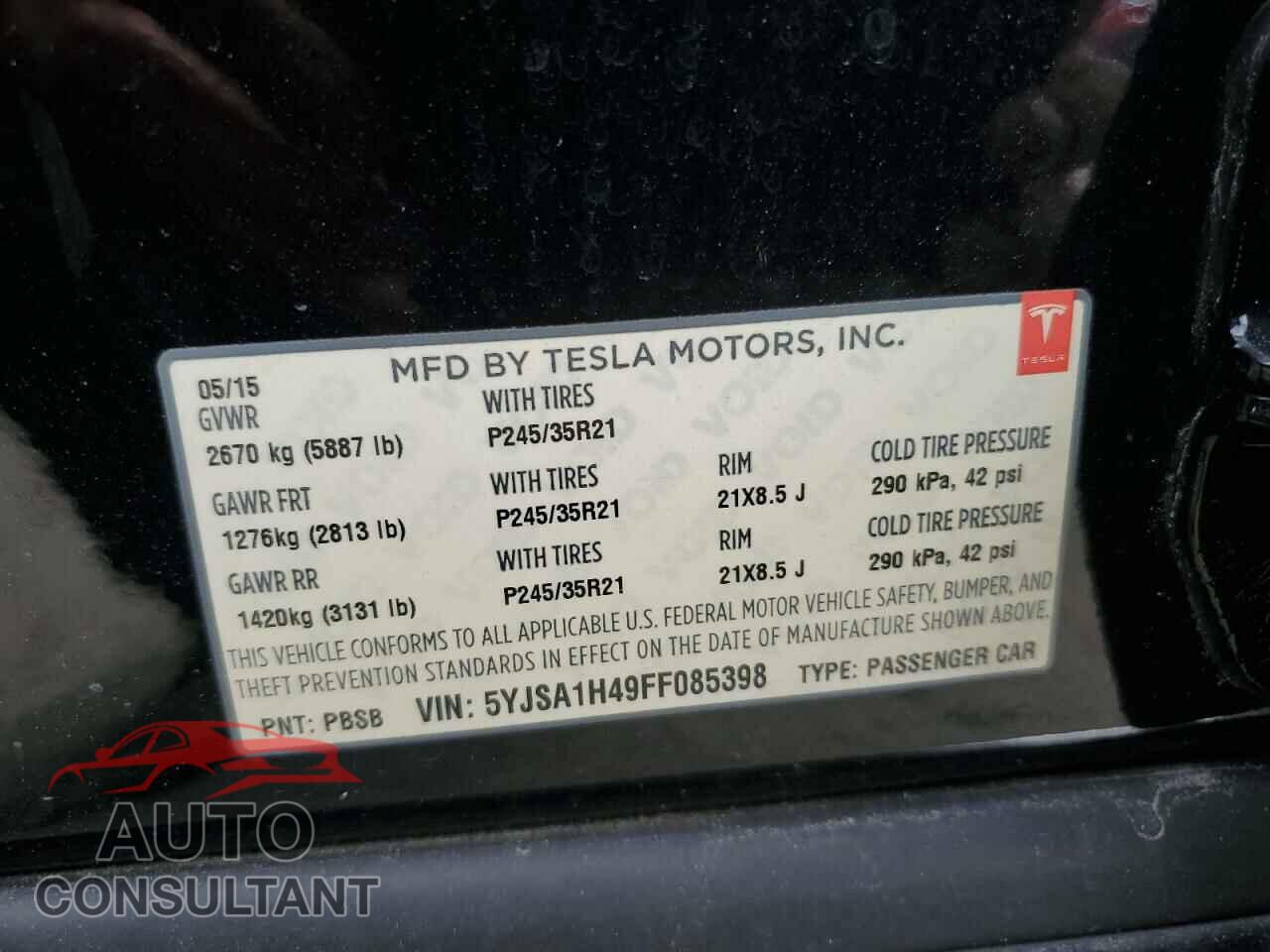TESLA MODEL S 2015 - 5YJSA1H49FF085398