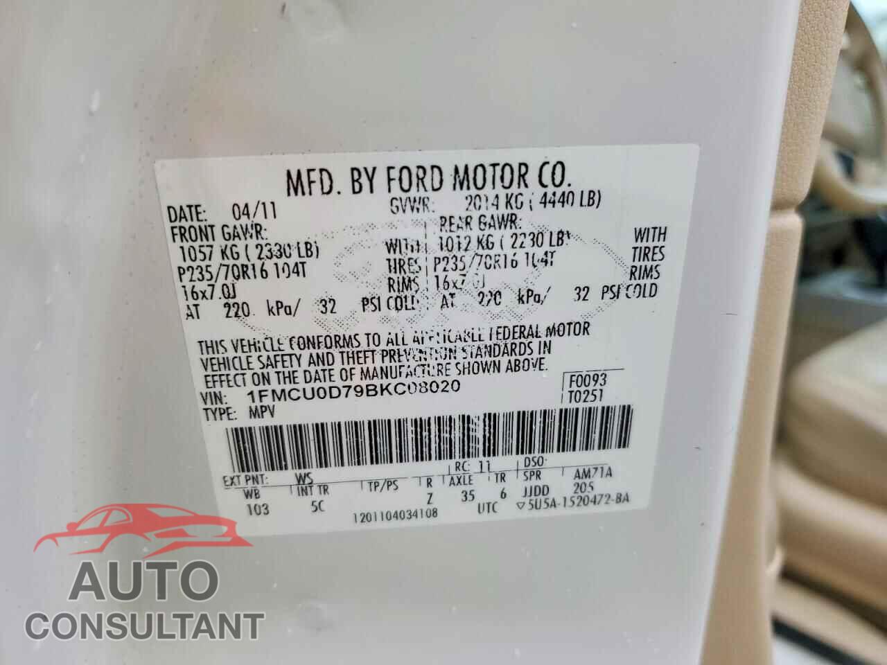 FORD ESCAPE 2011 - 1FMCU0D79BKC08020