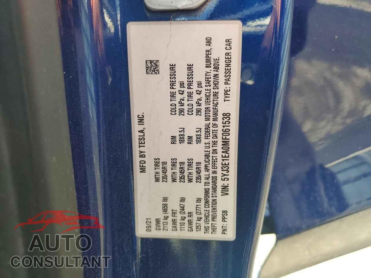 TESLA MODEL 3 2021 - 5YJ3E1EA0MF061538