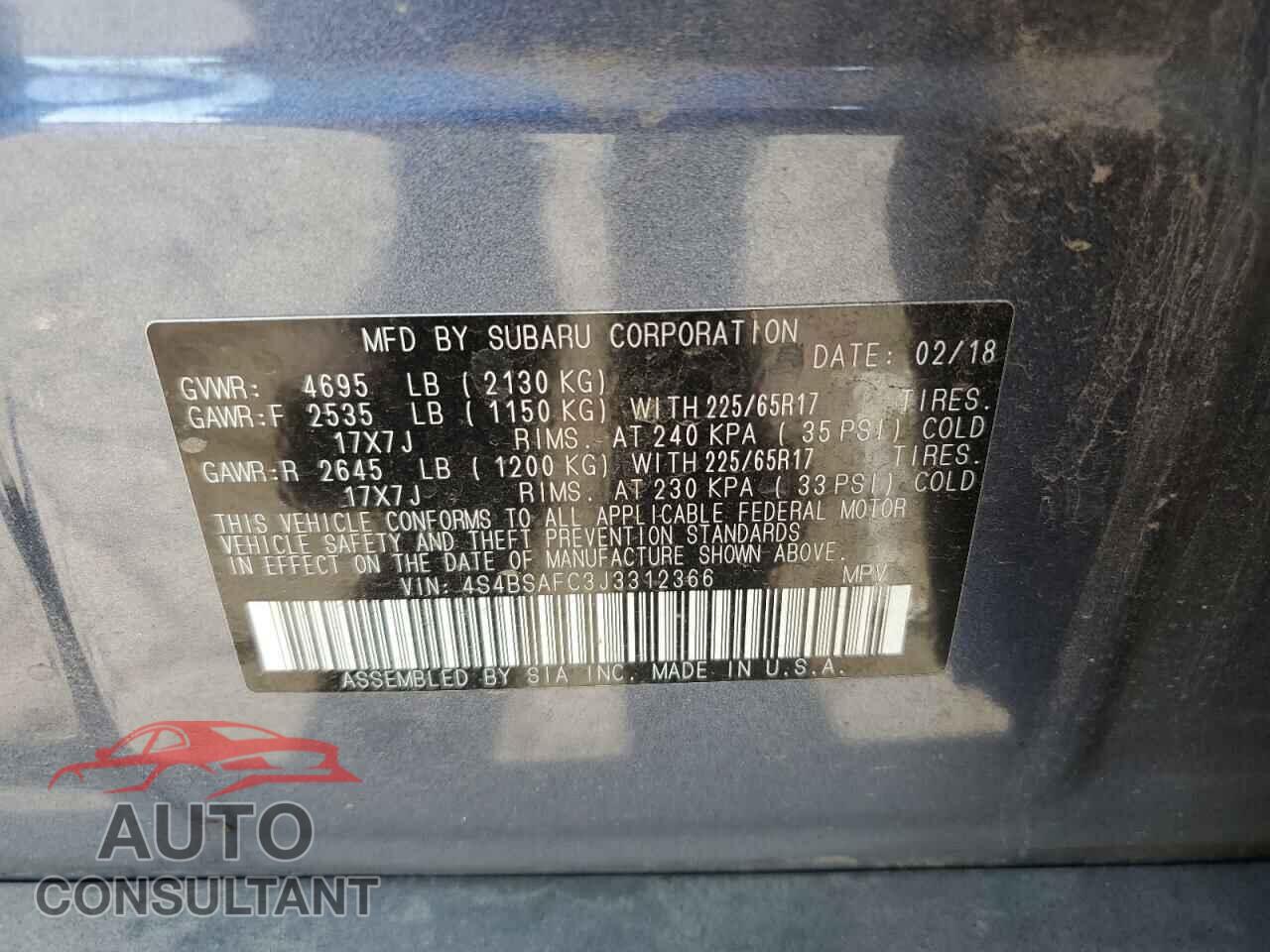 SUBARU OUTBACK 2018 - 4S4BSAFC3J3312366