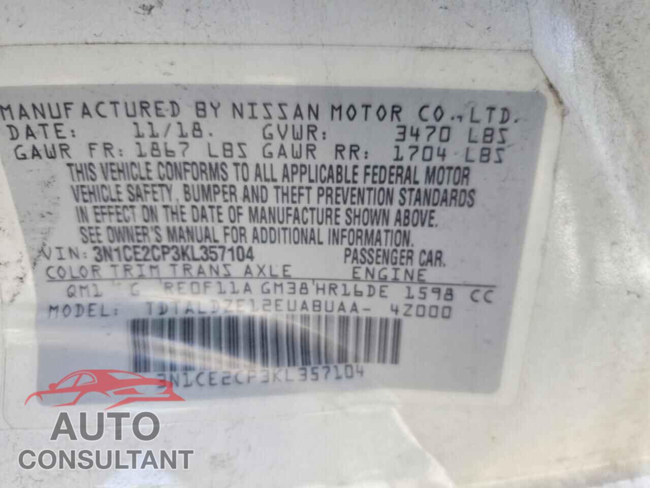 NISSAN VERSA 2019 - 3N1CE2CP3KL357104