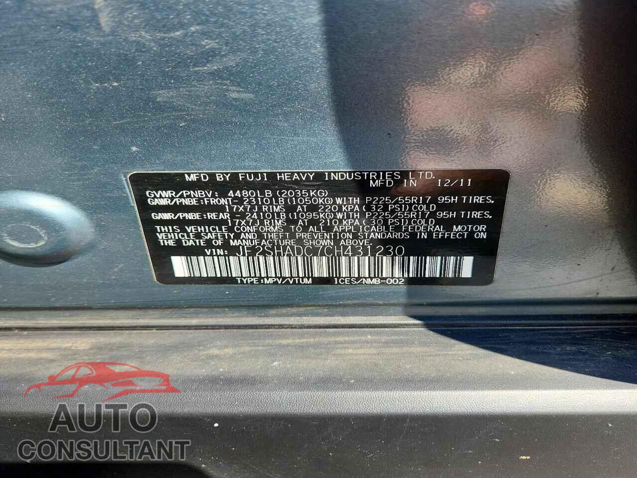 SUBARU FORESTER 2012 - JF2SHADC7CH431230