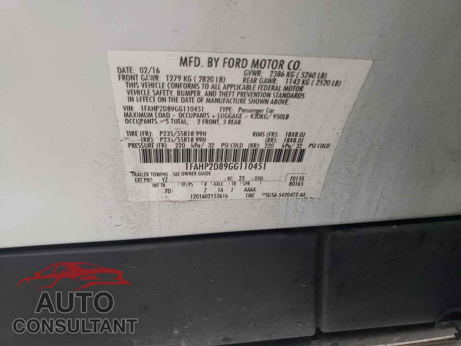 FORD TAURUS 2016 - 1FAHP2D89GG110451