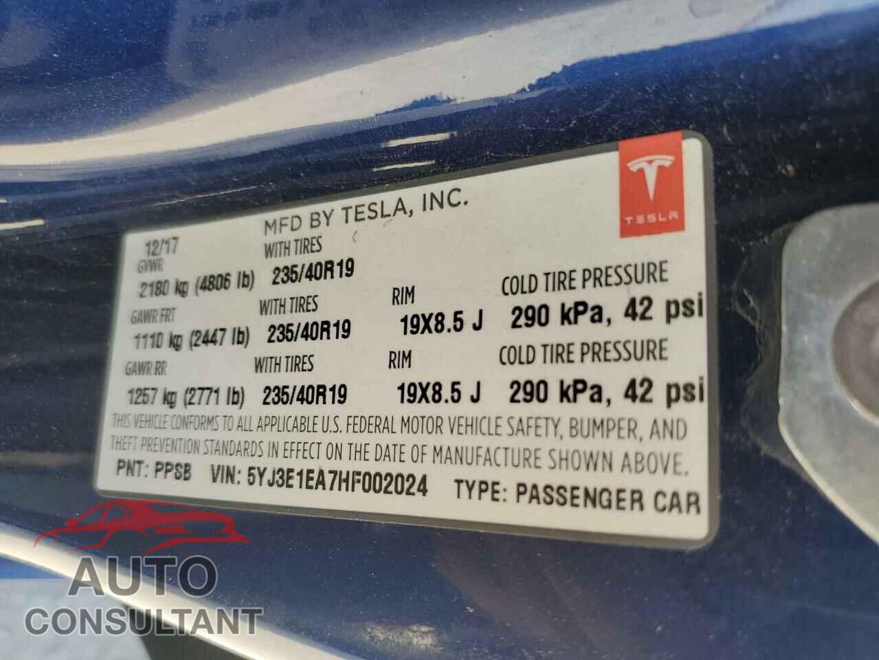 TESLA MODEL 3 2017 - 5YJ3E1EA7HF002024