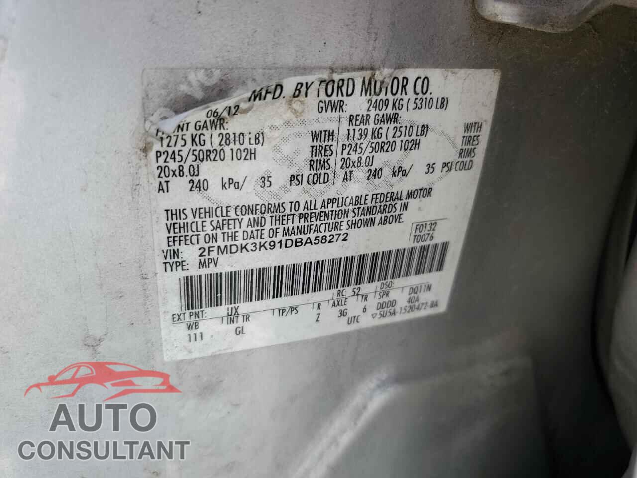FORD EDGE 2013 - 2FMDK3K91DBA58272