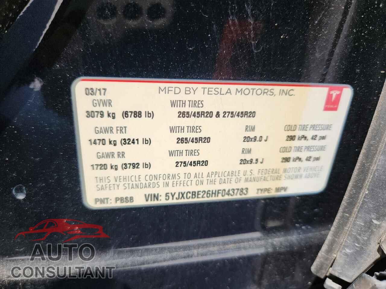 TESLA MODEL X 2017 - 5YJXCBE26HF043783