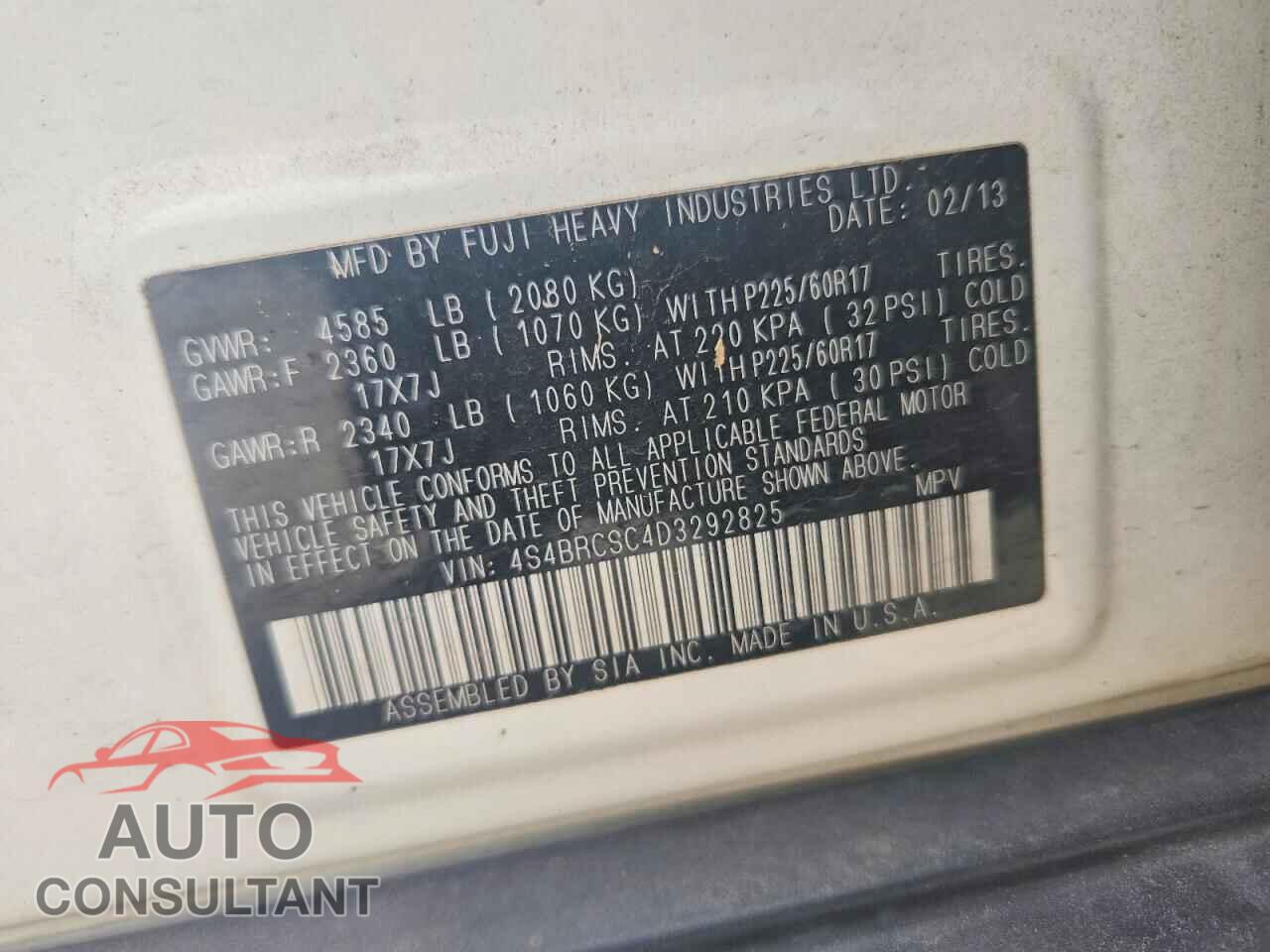 SUBARU OUTBACK 2013 - 4S4BRCSC4D3292825