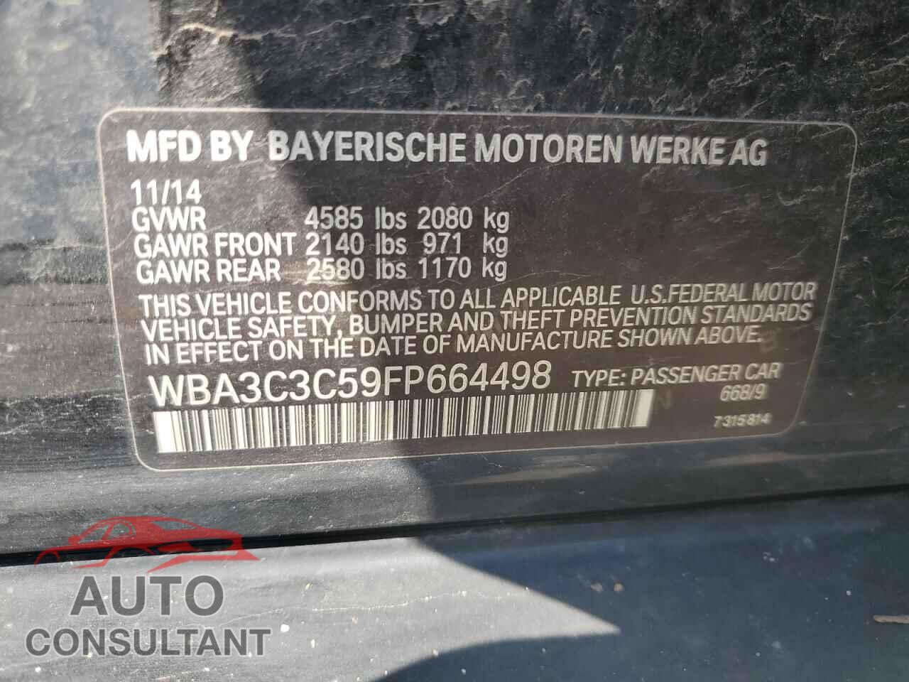 BMW 3 SERIES 2015 - WBA3C3C59FP664498