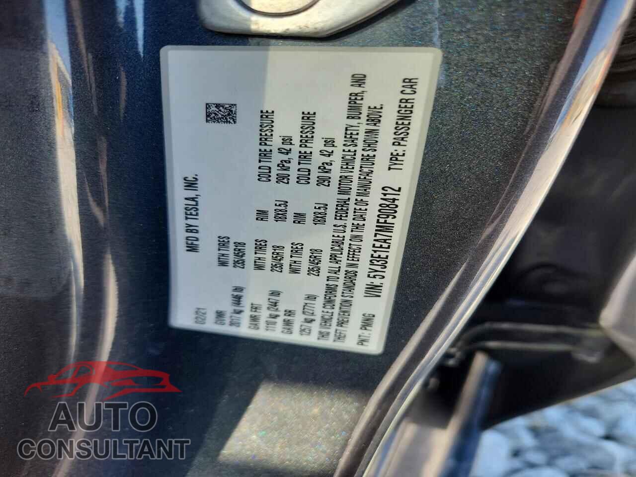 TESLA MODEL 3 2021 - 5YJ3E1EA7MF908412