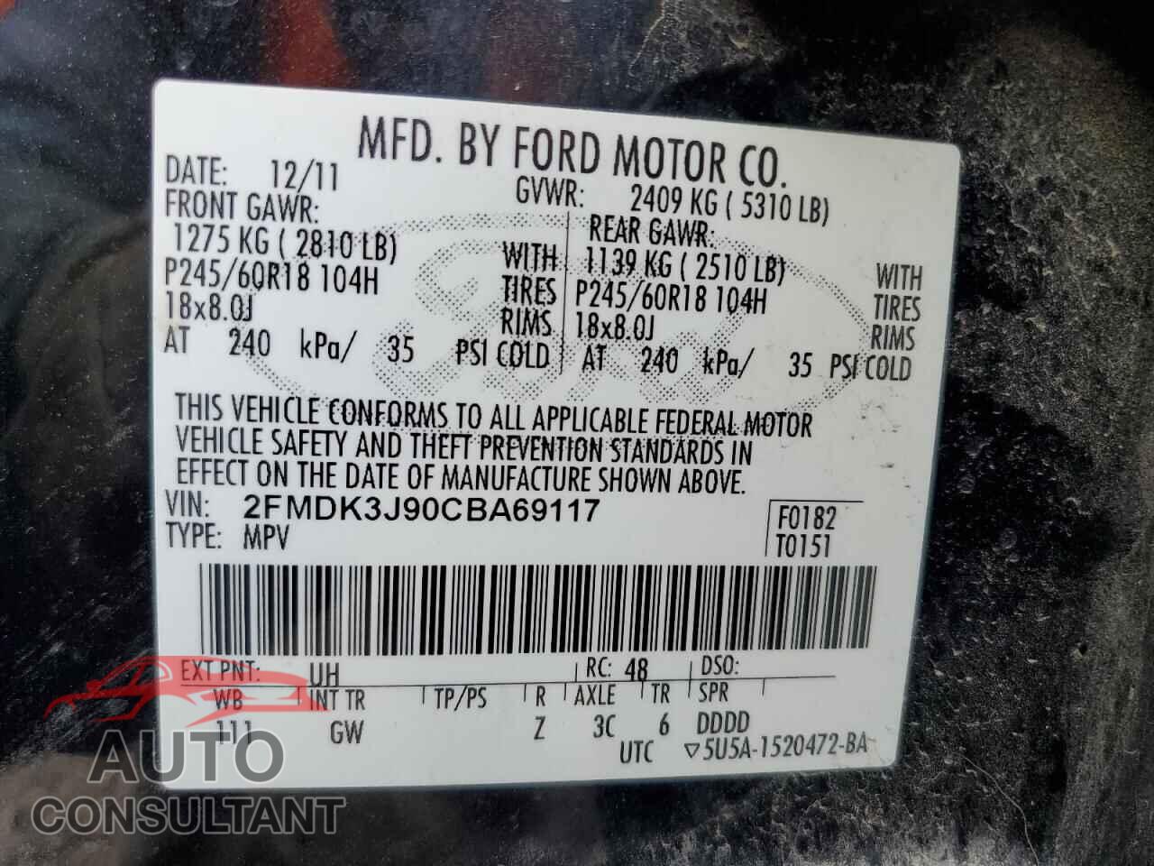 FORD EDGE 2012 - 2FMDK3J90CBA69117