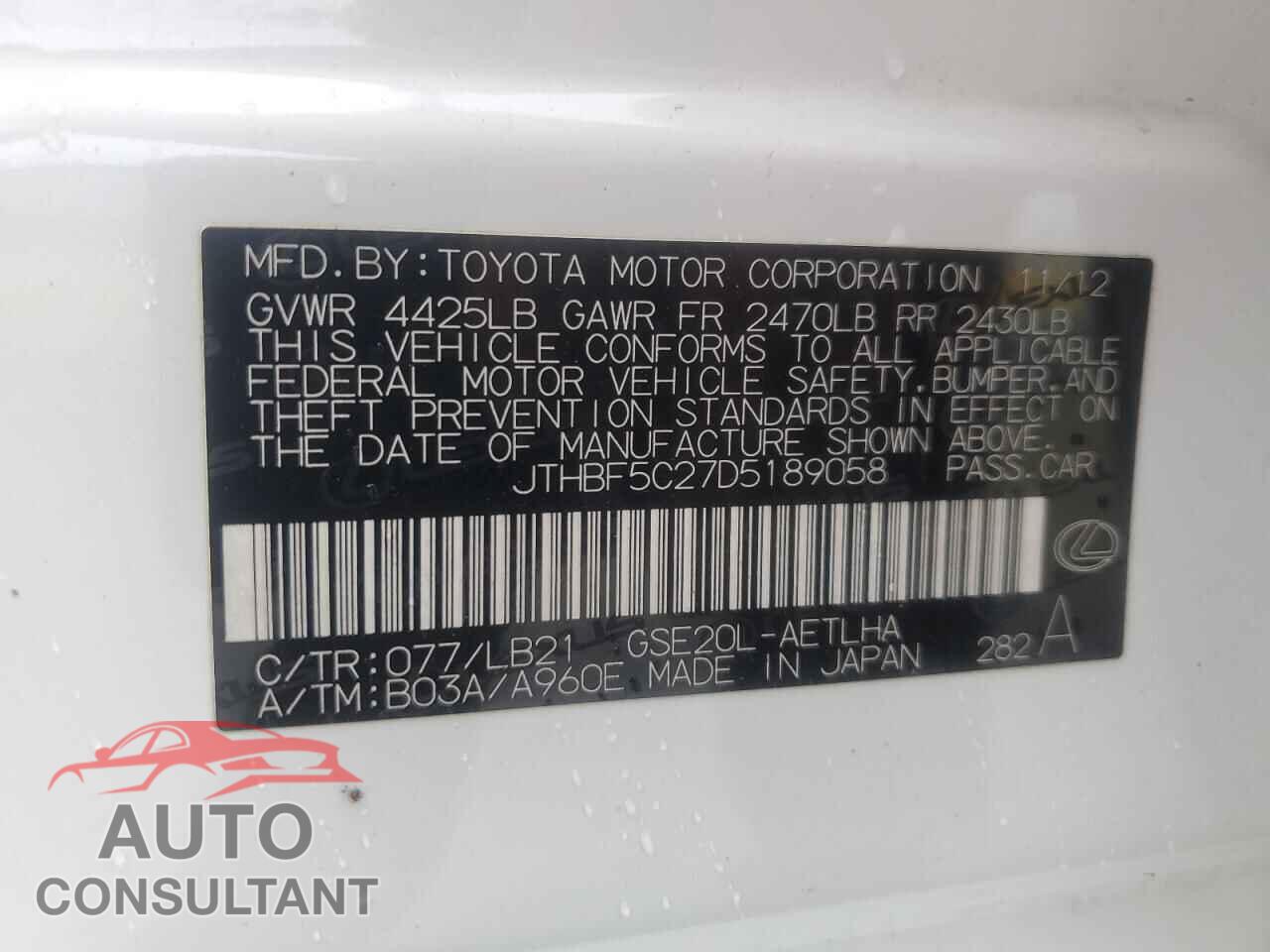 LEXUS IS 2013 - JTHBF5C27D5189058