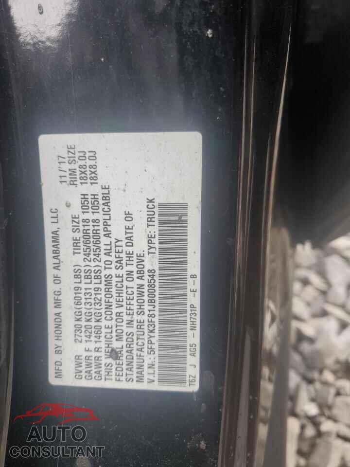 HONDA RIDGELINE 2018 - 5FPYK3F81JB008548
